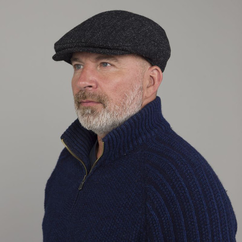 77B2-L006J Hanna Hats Vintage Harris Tweed Cap in Black & Charcoal Herringbone Color Keilys.com