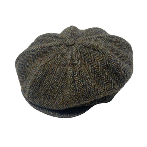 95B2-C001YM Hanna Hats Herringbone Harris Scottish Tweed Cap in Country Green Herringbone with Tan Overcheck Color Keilys.com
