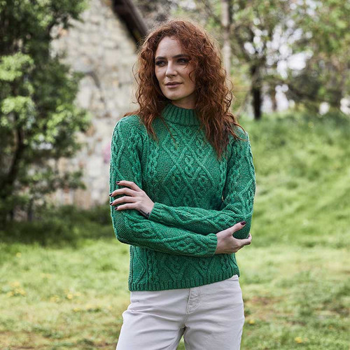 Women's Traditional Aran Cable Sweater Green Keilys.com
