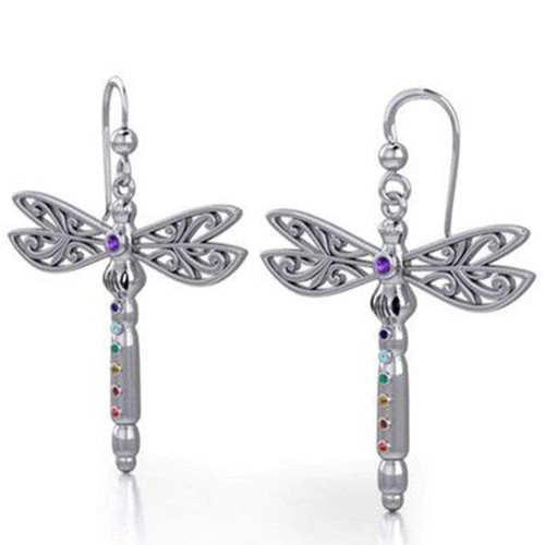 Spiritual Dragonfly Silver Earrings with Chakra Gemstone On Keilys.com