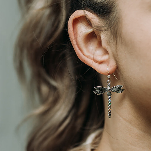 Sterling Silver Dangle Dragonfly Designed Earrings with Chakra Gemstone Lifestyle On Keilys.com