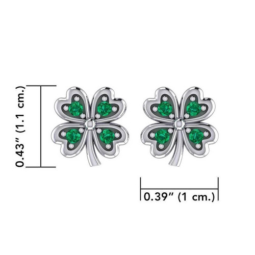 Lucky Four Leaf Clover Silver Post Earrings with Emerald Glass Gemstone Measure On Keilys.com