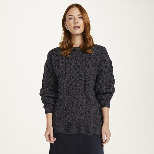 A823070 Aran Traditional Women's 100% Merino Inisheer Sweater Charcoal Color Front View Keilys.com