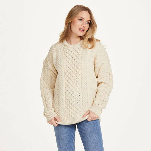 A823162 Aran Traditional Women's 100% Merino Inisheer Sweater Natural White Color Keilys.com