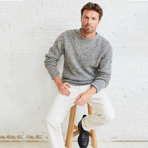 R193455 Men's Roll Neck Aran Fisherman Sweater Silver Color Irish Keilys.com