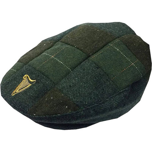 Guinness Tweed Patch Flat Cap with Harp Design Front view Green Keilys.com