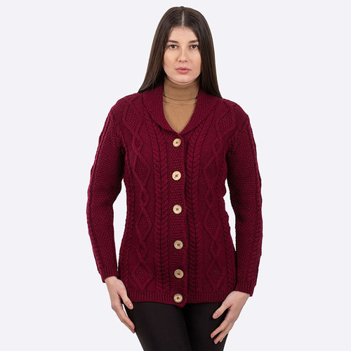 Women's Aran Shawl Collar Cardigan Wine Red Keilys.com