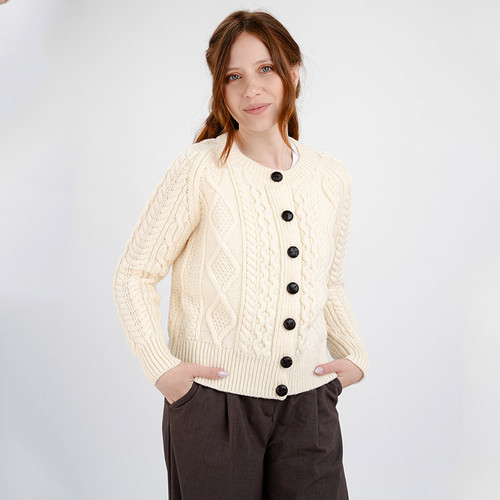 ML152-100 Women's Irish Cable Cardigan Natural White Front View Keilys.com