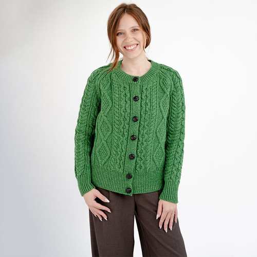 ML152-105 Women's Irish Cable Cardigan Green Merino 100% Wool Keilys.com