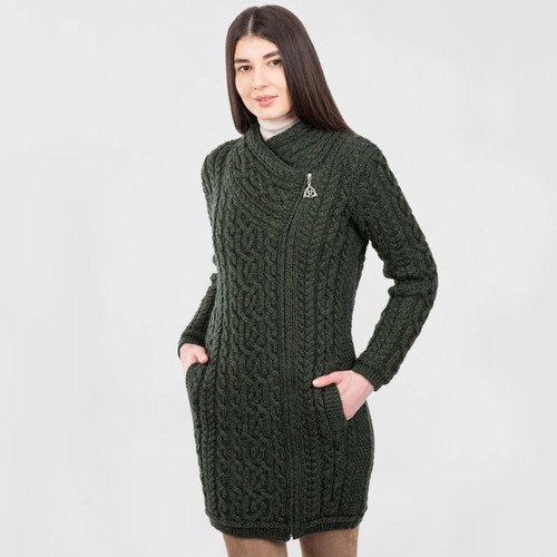 Aran Cable Knit Side Zip Long Cardigan Army green 100% Merino wool Keilys.com