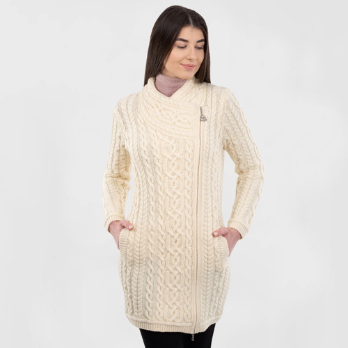Aran Cable Knit Side Zip Long Cardigan 100% Soft Merino Wool Keilys.com