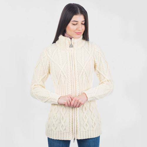 Aran Cable Knit Cardigan With Zipper 100% Merino wool Keilys.com