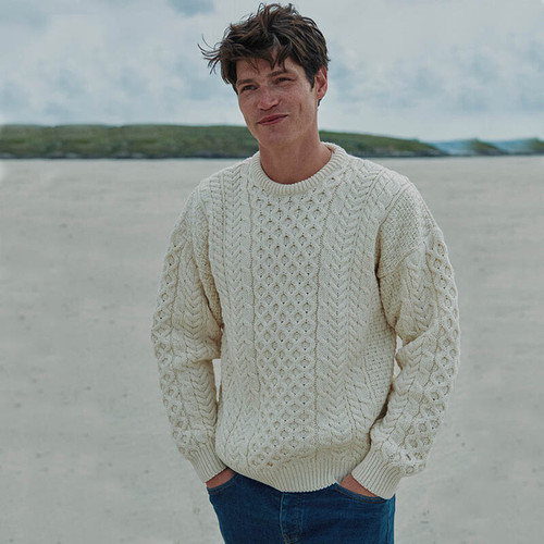 A823162 Aran Traditional 100% Merino Mens Cable Knit Inisheer Sweater Natural White 
Color Lifestyle Keilys.com