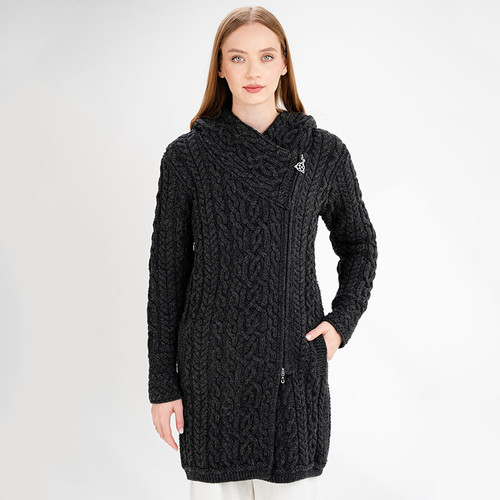 ML144-101 Irish Cable Knit Merino Hooded Coat Charcoal Color Front View Keilys.com