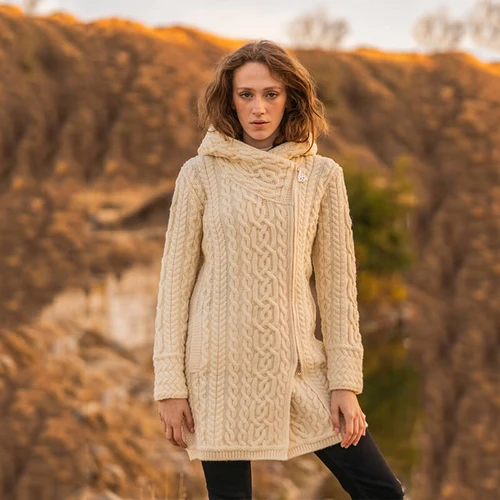 ML144-100 Irish Cable Knit Merino Coat Soft Natural Front Side Keilys.com