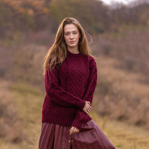 FL194-608 Aran Fisherman Cable Sweater Wine Red Keilys.com
