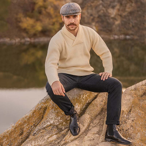 MM224-100 Shawl Neck Merino Wool Fisherman's Sweater Natural White 100% wool Keilys.com