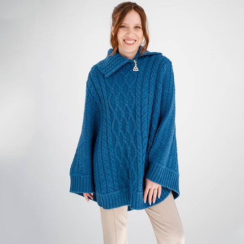 ML161-107 Aran Cable Knit Cowl Neck Poncho Teal Blue Front View Keilys.com