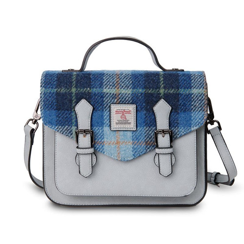 ISL-2712BLUTTL00 Harris Tweed Medium Calton Satchel Blue Tartan Front Side Keilys.com