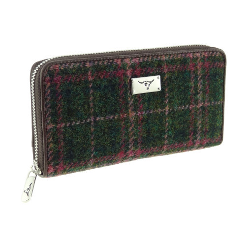 GA-LB2100-COL107 Ladies Harris Tweed Long Wallet Tartan Design Dark Green and Plum Check Keilys.com