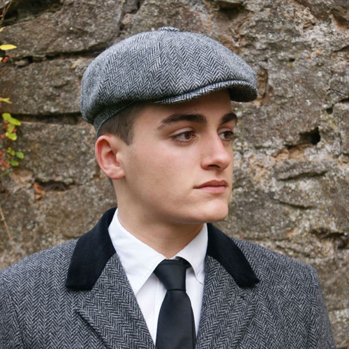 GA-GH0460-GRYHB Harris Tweed Shelby Newsboy Cap  Herringbone Design Grey Herringbone Color Keilys.com