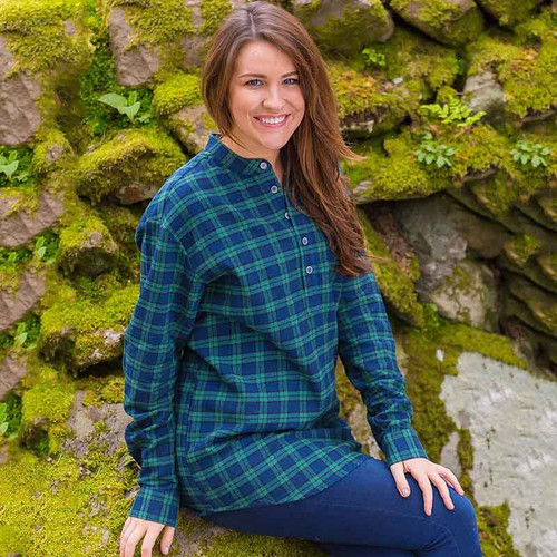 LV-FCGFS-LV6-W Women's Grandfather Style Shirt Tartan Design in Green Tartan Blackwatch Color Front View Keilys.com