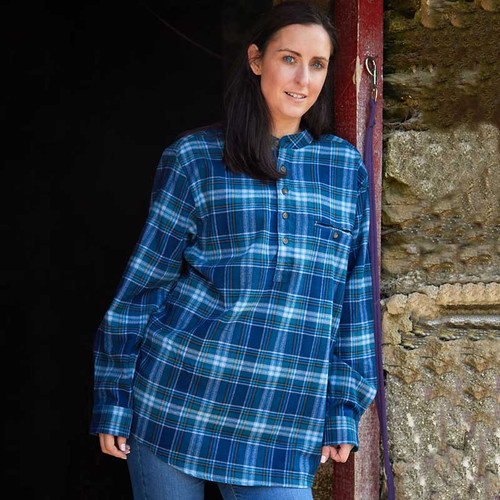 LV-FCGFS-LV8-W Women's Grandfather Style Shirt Tartan Design in Blue and Navy Tartan Color Front View Keilys.com