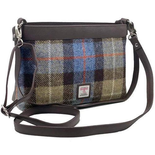 MCS-CB2203-TRT021 Handwoven Harris Tweed Large Shoulder Bag in Blue/Brown Check Color Front View Keilys.com