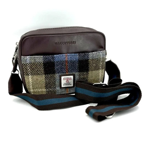 MCS-CB2401-TRT021 Authentic Harris Tweed Camera Bag in Blue/Brown Check Color Front View Keilys.com