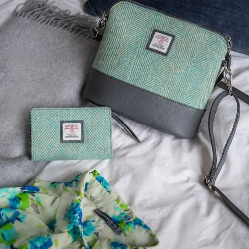 MCS-CB5003-1904B2 Handwoven Harris Tweed Square Zip Shoulder Bag in Turquoise Color Keilys.com