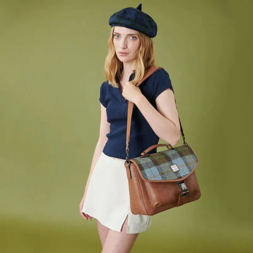 ISL-4537CBLTTL00 Islander Leather & Harris Tweed Briefcase Chestnut and Blue Color Keilys.com