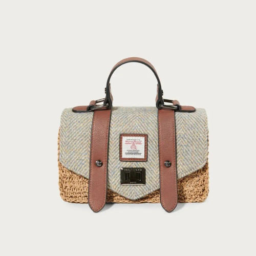 ISL-8611BLUCRMHBL00 Handcrafted Harris Tweed Mini Straw Satchel Blue and Cream Herringbone Color Keilys.com