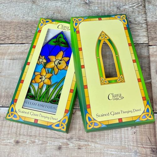 Welsh Daffodil Gothic Panel Suncatcher Packaging Keilys.com