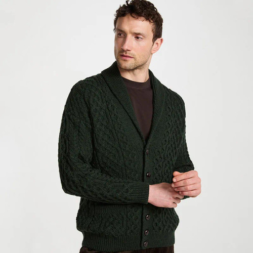 B132193 Men's Irish Cable Knit Button Up Cardigan Army Green Color  Front View Keilys.com