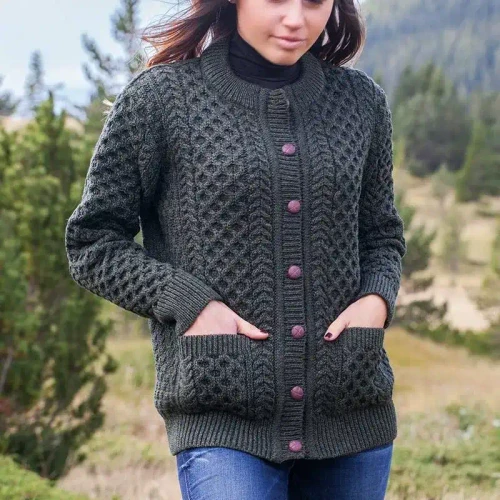 OAC-1505ARMGR Women's Merino Wool Honeycomb Knit Cardigan Army Green Color Keilys.com