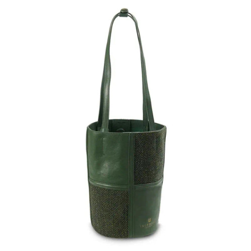 ISL-8588DRKGRNHBL00 Harris Tweed & Leather Bucket Tote Dark Green Keily’s.com