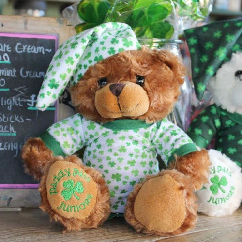 Brown Cuddly Bear Soft Toy Irish Shamrock Design Front view Keilys.com