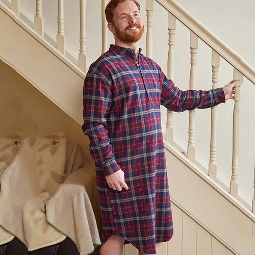 LV-FNS-LV10 Lee Valley Men's Flannel Nightshirt Maroon Navy Plaid Check Color Keilys.com