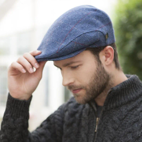 MUCTRIN110 Mucros Weavers Tweed Trinity Flat Cap Denim Herringbone Front view Keilys.com