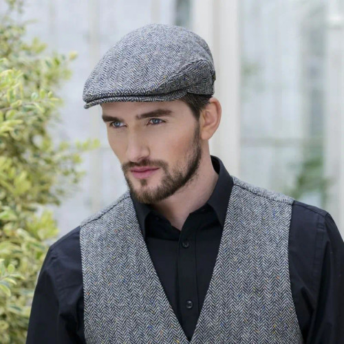 MUCTRIN01 Mucros Weavers Tweed Trinity Flat Cap Grey Herringbone Keilys.com