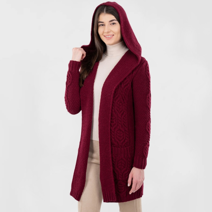 ML116-108 Aran Ladies Open Front Long Cardigan with Hood Wine Red Color Front View Keilys.com