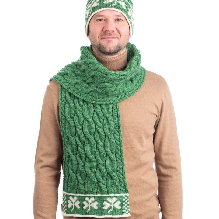 Men's Aran Merino Wool Scarf with Shamrocks Green Keilys.com