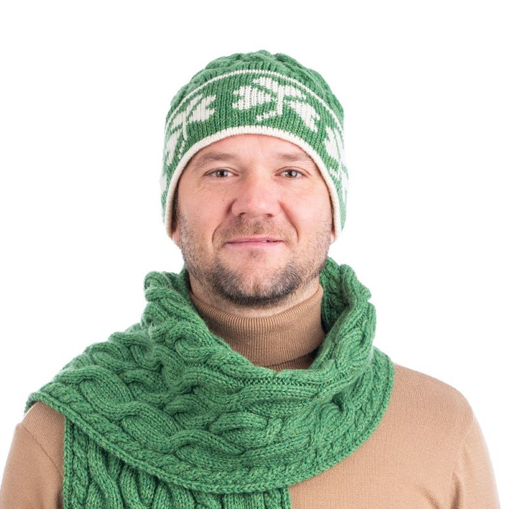 St. Patrick's Day Men Irish Wool Knit Hat with Shamrocks Green Keilys.com