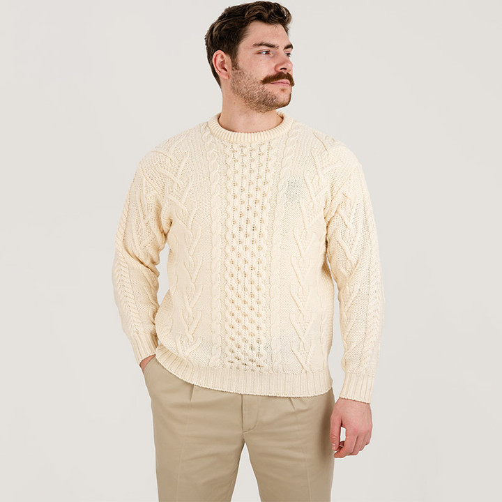 MM208-100 Men's Irish Aran Crew Neck Sweater Natural Front View Keilys.com