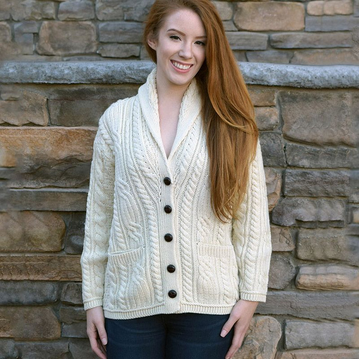 B838 Merino Cable Knit Aran Shawl Cardigan Natural Keilys.com