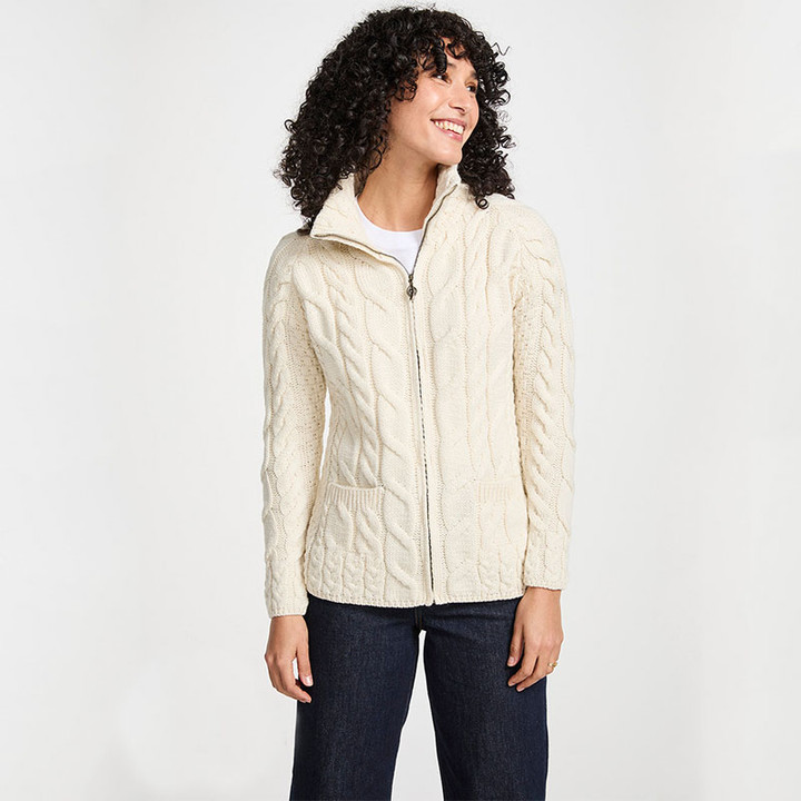 B841367 Irish Zipper Wool Cardigan with Mock Turtleneck Natural white Color Back Side Front View Keilys.com