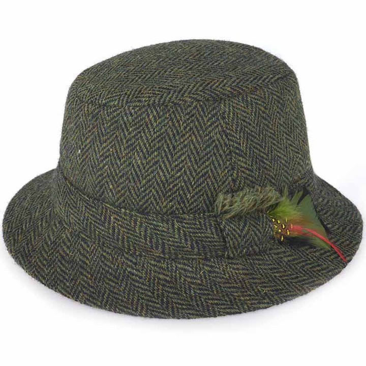 832-C022M Hanna Hats Irish Tweed Walking Cap Green & Black Herringbone Keilys.com
