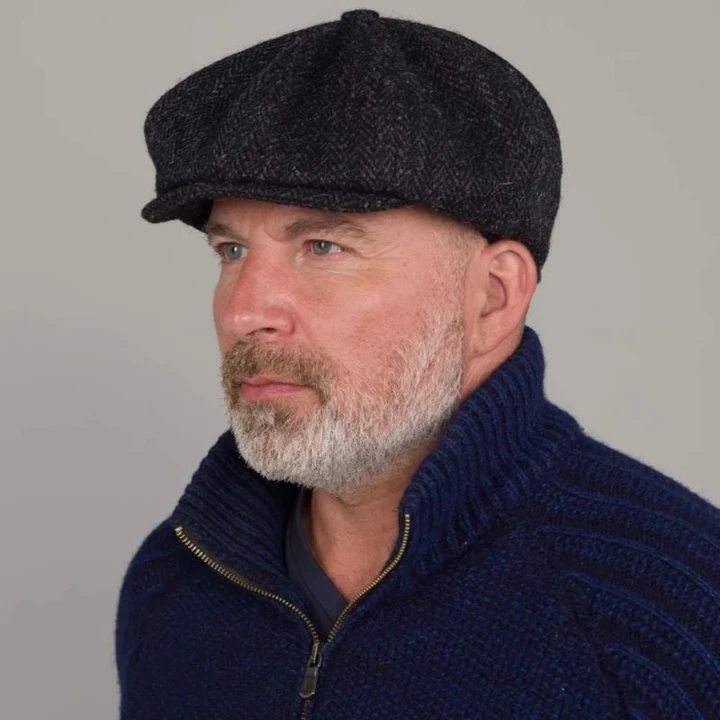 95B2-L006J Hanna Hats Herringbone Harris Scottish Tweed Cap Charcoal Keilys.com