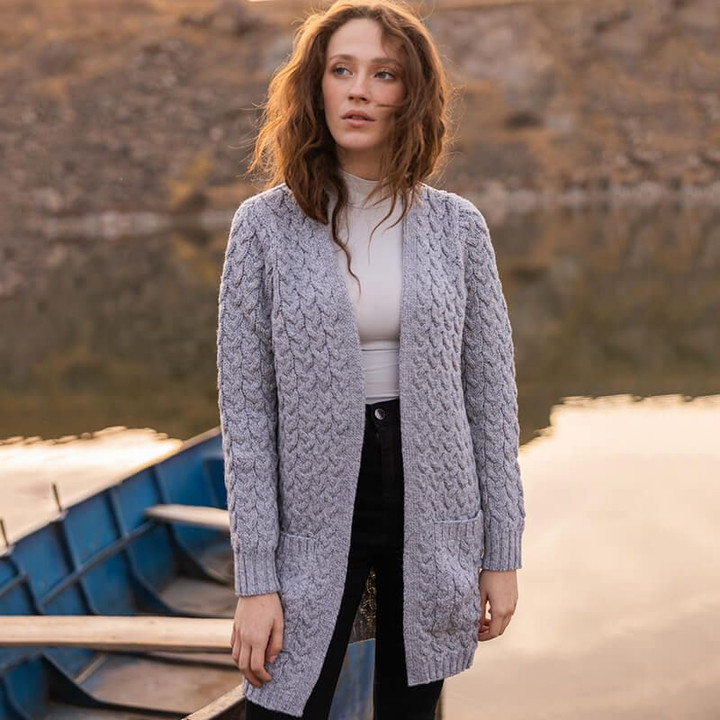 ML166-103 Aran Open Front Long Coat Grey Color Front View Keilys.com