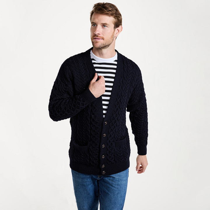 A758161 Aran Men's Irish V-Neck Cable Knit Cardigan Navy Blue Color Front view Keilys.com